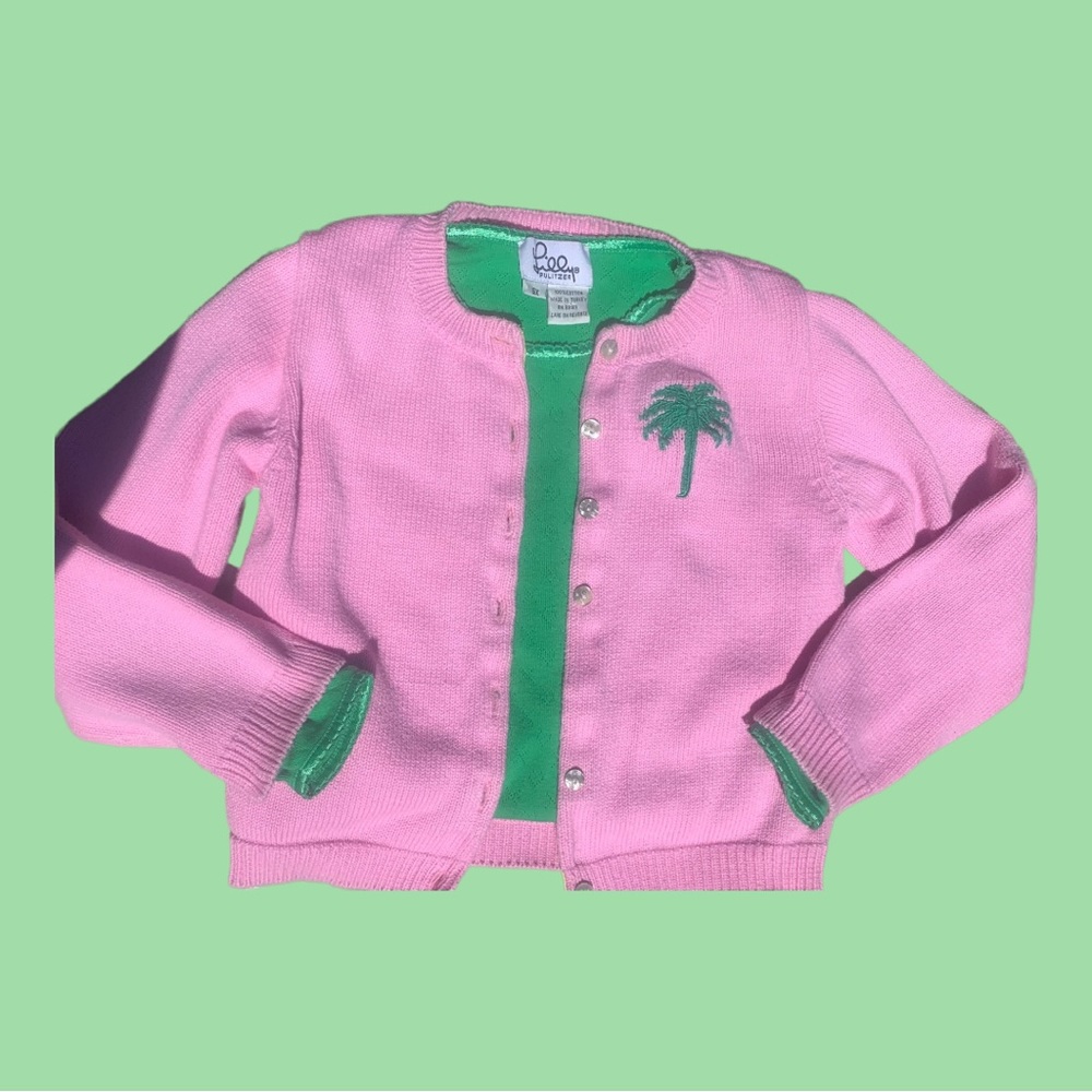 LILLY PULITZER Green Long Sleeve Top with Pink Cardigan w/Green Palm Tree - 6X - Picture 11 of 11